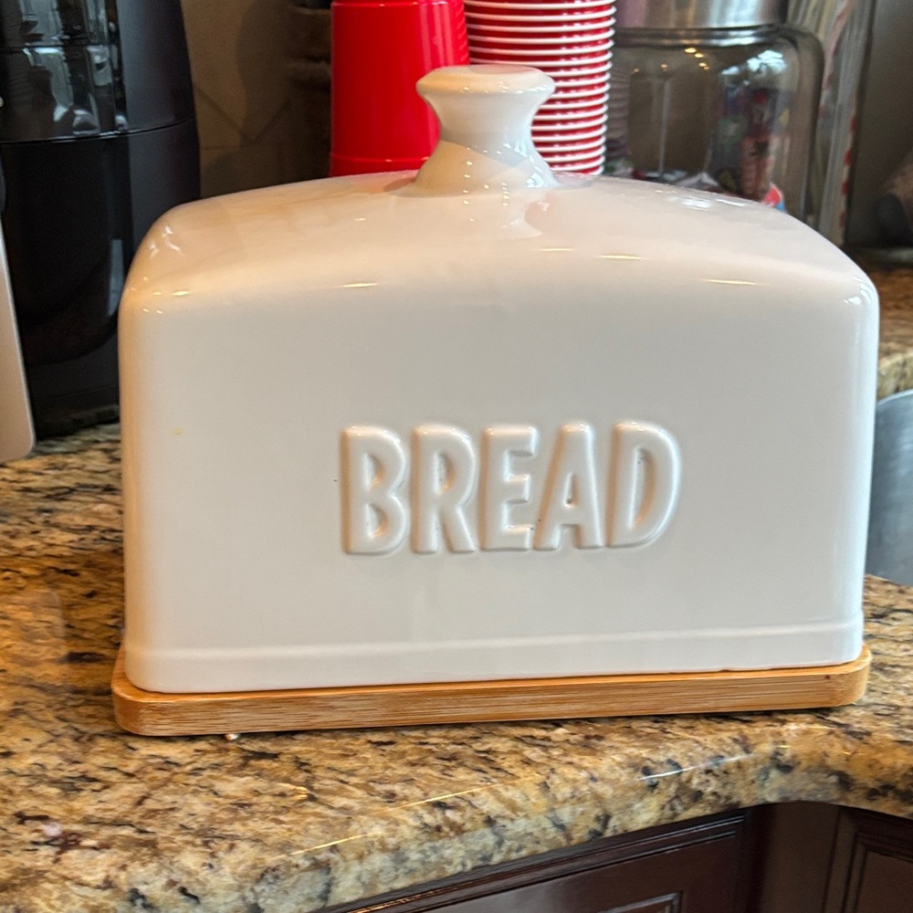 White Ceramic Bread Box with Bamboo Base